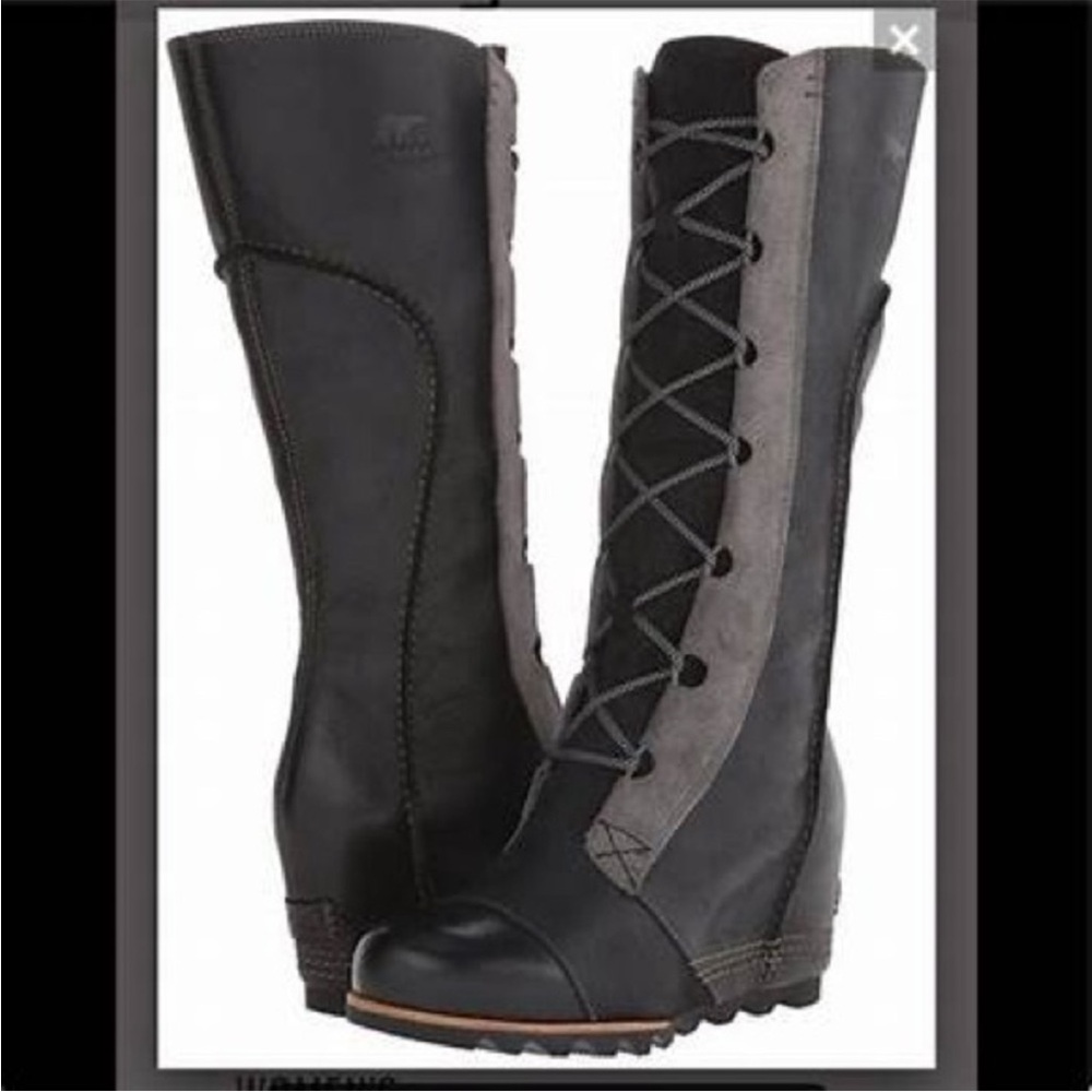 Sorel Cate the Great Wedge Lace Up Moto Rare Black Grey Gray Knee High Boots 9 - Picture 2 of 16